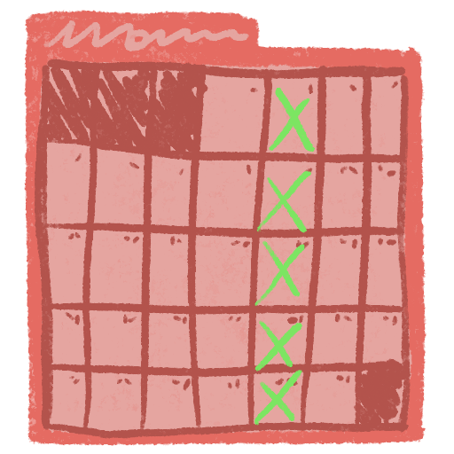 a stylized red calendar with a green cross on one day in every week